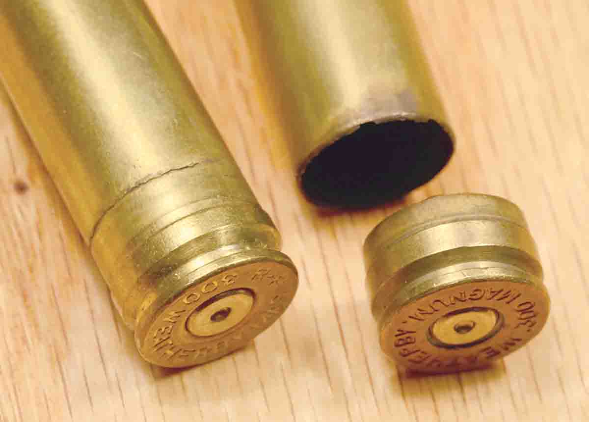 Stages of case separation in .300 Weatherby Magnum brass.